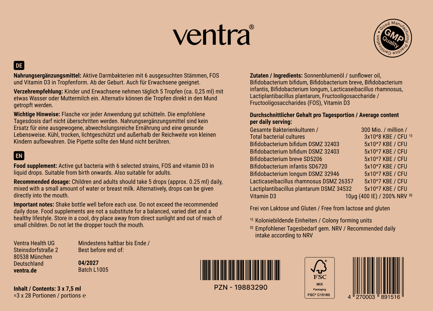 Ventra Baby Tropfen mit aktiven Darmbakterien und Vitamin D3